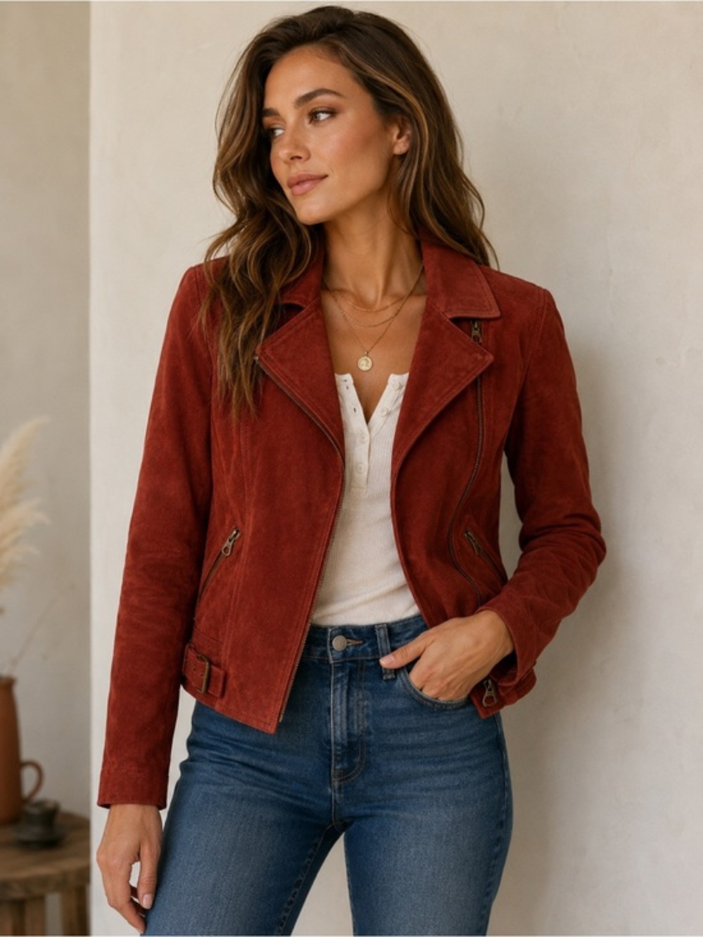 Lucky Brand Rust Red Goat Suede Moto Jacket Buckle Zip Leather Biker Layer Sz S